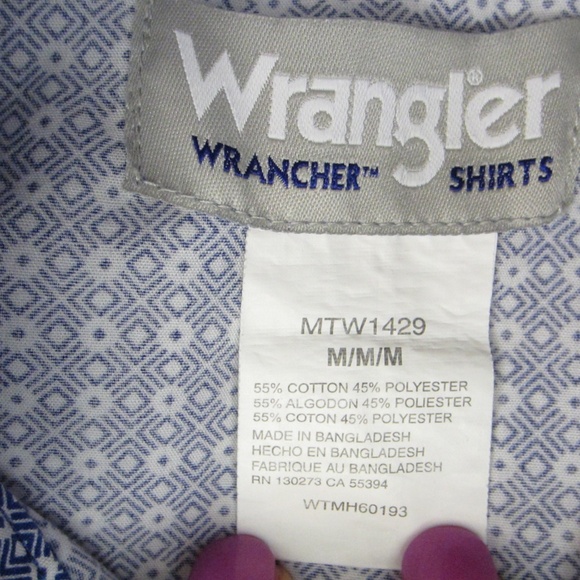 Wrangler Wrancher Men's Medium Blue/White Geometric Long Sleeve Pearl Snap Shirt - Picture 6 of 6